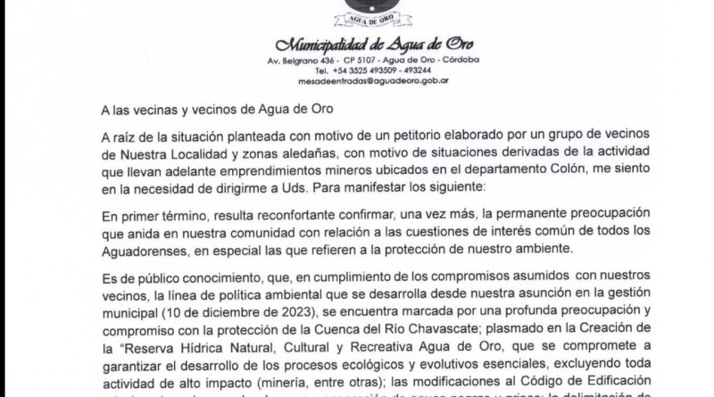 COMUNICACIÓN OFICIAL DE LA MUNICIPALIDAD DE AGUA DE ORO.